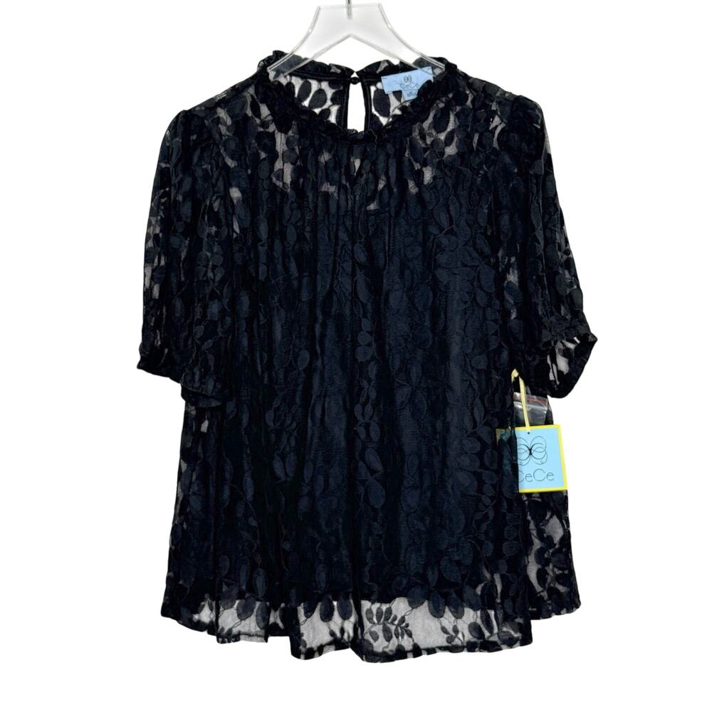 CeCe Black Lace Blouse 2X NEW Intricate Floral Overlay Short Sleeves Lined